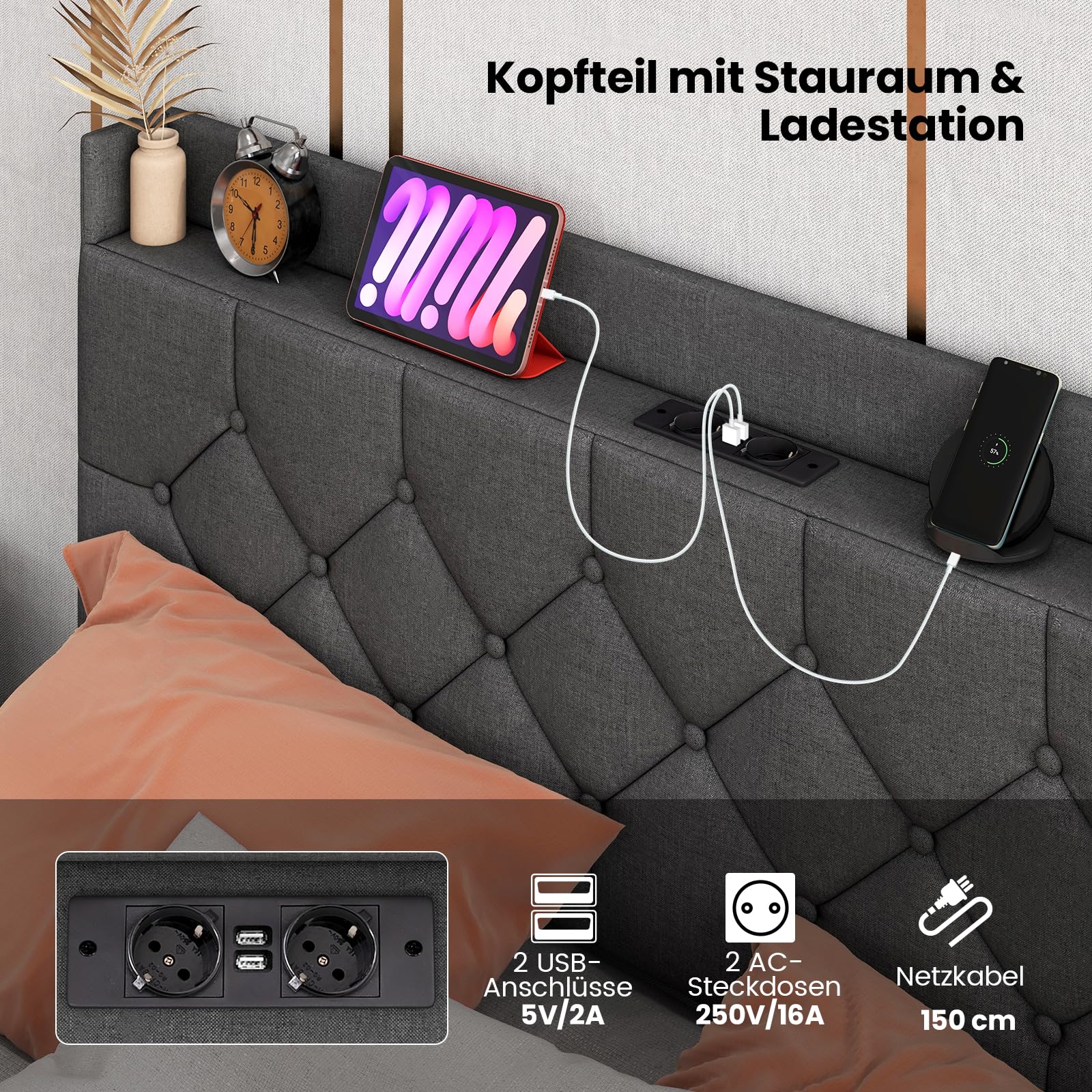 COSTWAY Łóżko tapicerowane z oświetleniem LED i stacją ładującą, 140 x 200 cm, łóżko z regulowanym, wyściełanym zagłówkiem i stelażem, łóżko podwójne, rama łóżka