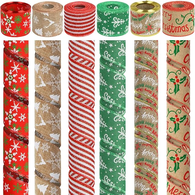 LOKIPA Christmas Burlap Ribbon,36Yards x 2.5 Inches Wired Christmas Ribbon for Craft,Gifts Wrapping, Wreaths,Christmas Wrapping Decorations