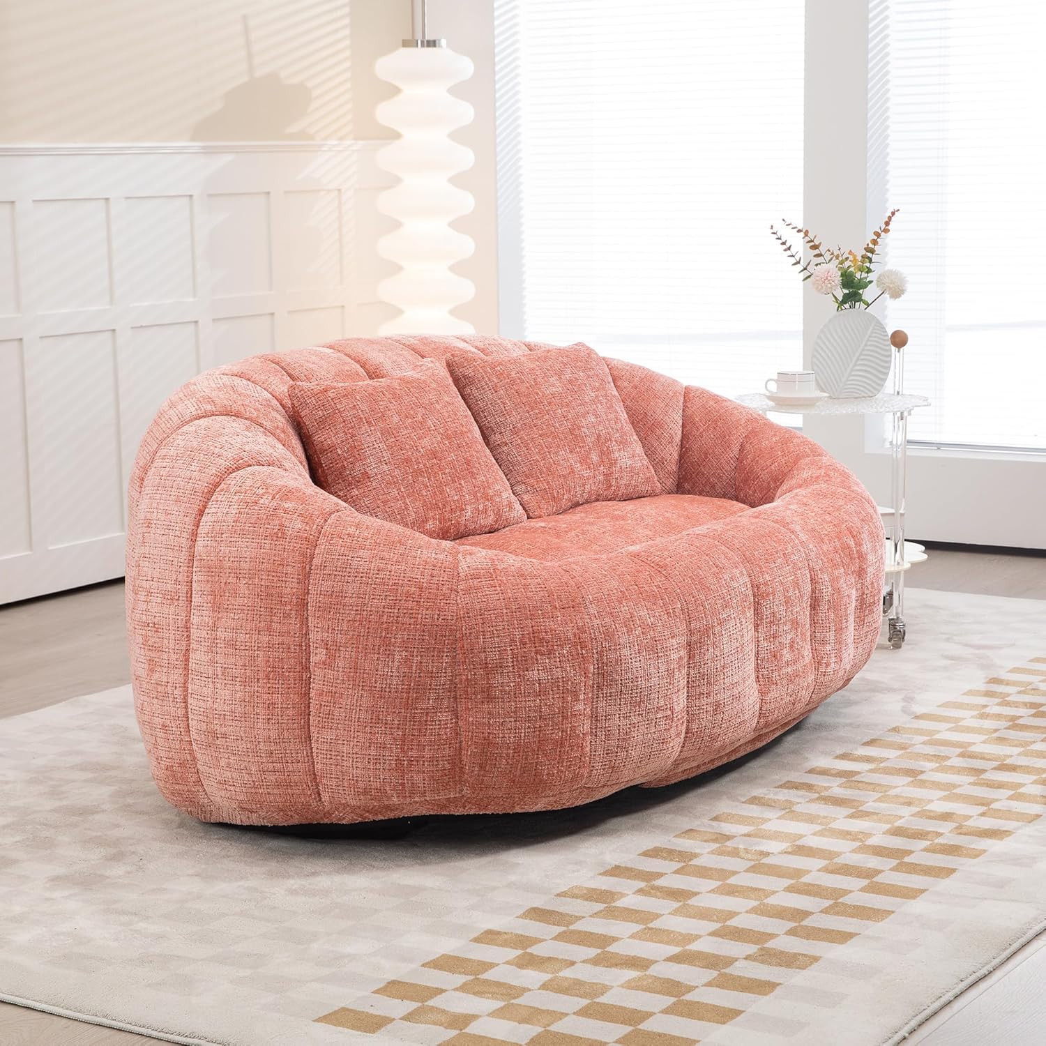 Bean Bag Sofa, Comfy Loveseat Couch with 2 Pillows, Soft Giant Bean Bag Chair, Cozy Round Lazy Sofa with Wide Backrest for Living Room, Reading Room and Bedroom, Pink