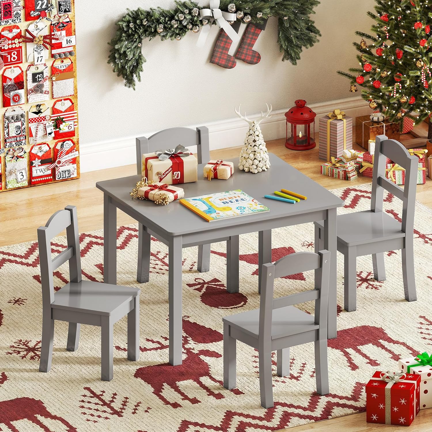 DOREROOM Wooden Kids Table and 4 Chairs, Multi-Activity Toddler Table and Chairs Set, Kids Table and Chairs Set for Arts, Crafts and Snack Time, Toddler Activity Table and Chairs for Age 3-8 (Gray)