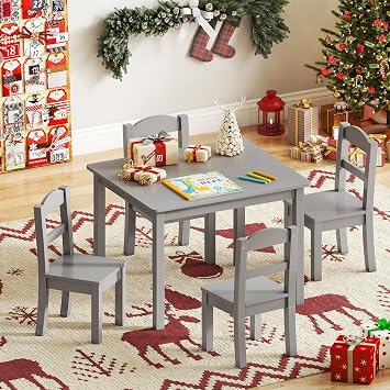 DOREROOM Wooden Kids Table and 4 Chairs, Multi-Activity Toddler Table and Chairs Set, Kids Table and Chairs Set for Arts, Crafts and Snack Time, Toddler Activity Table and Chairs for Age 3-8 Gray
