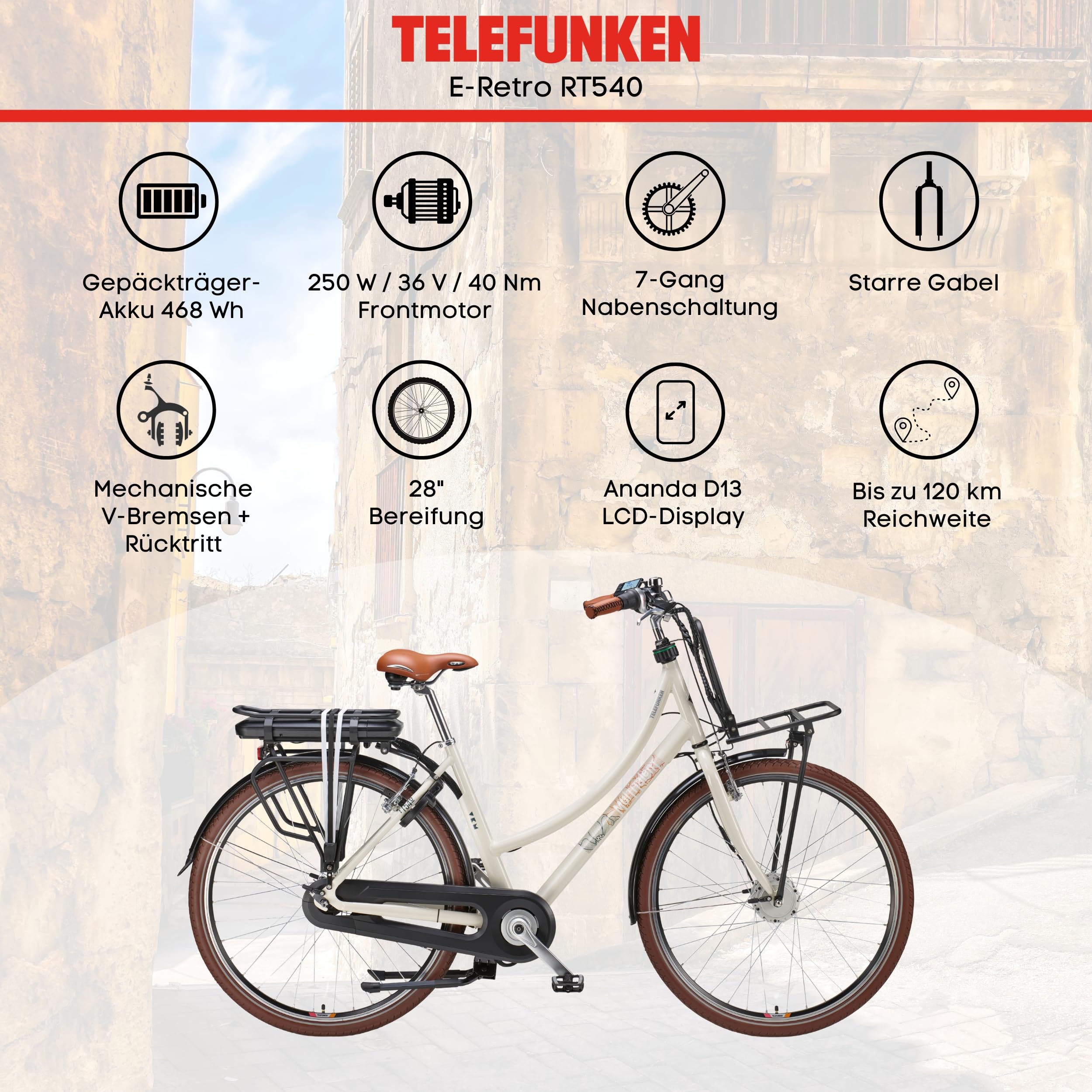 TELEFUNKEN Retro E-Bike für Herren und Damen 28 Zoll Elektrofahrrad | 474Wh Li-Ion Akku | Pedelec mit 40Nm Frontmotor | Shimano 7-Gang Nabenschaltung | 100km Reichweite