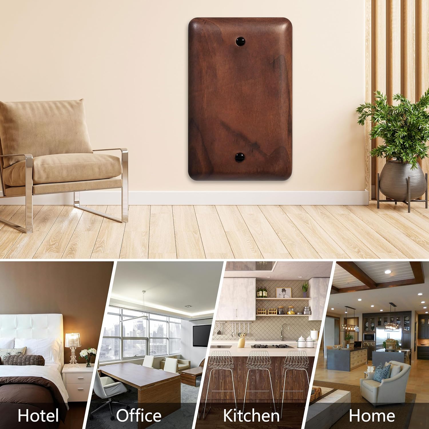 2-Pack Blank Outlet Cover Wall Plate, Solid Wood 1-Gang Cover Plate in Premium North American Walnut