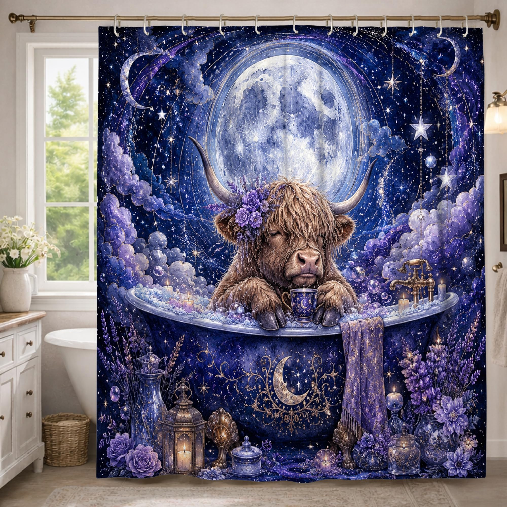 Rideau de douche extra long anti éclaboussures avec motif lune et étoiles lavable