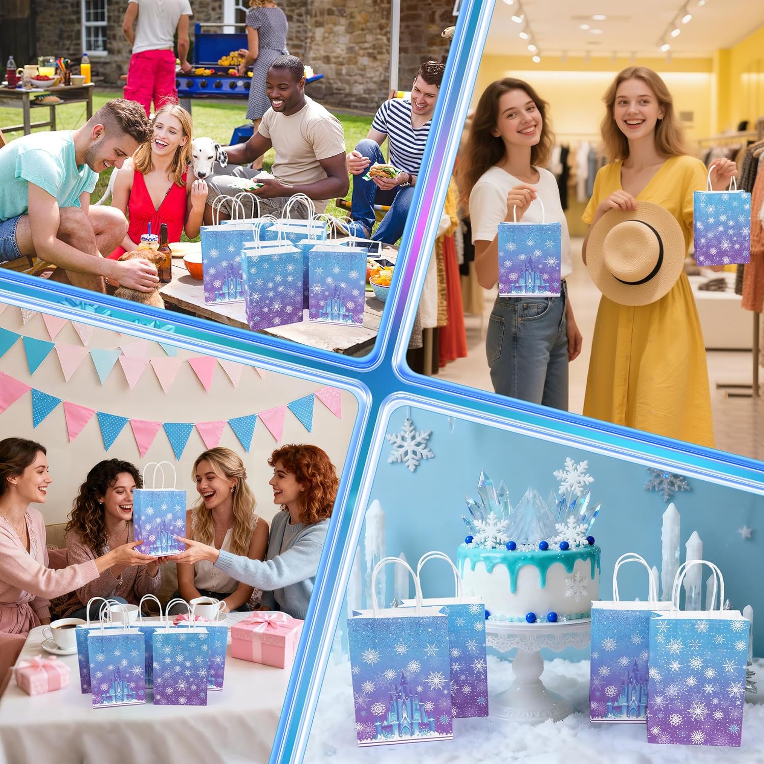 Gretion 16PCS Snowflake Gift Bags, Winter Snowflake Paper Goodie Bags with Handles,Blue Purple Resuable Castle Party Favor Candy Treat Bags for Christmas New Year Birthday Decoration Party Supplies - Image 7