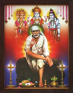 SANVIKA Sai Baba Poster Frame Wall Decor, Sai Baba Photo Art Frame For Living Room Decor, Hindu Decor For Home Office, Pooja Room- 12" x 9" Sai Baba Sitting on Throne with Colorful Garland COL-3