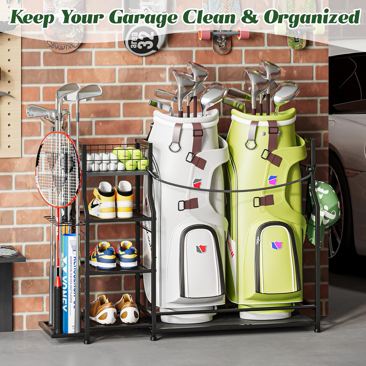 Golf Bag Storage Organizer for Golf Accessories, Golf Bag Stand with Extra Storage Rack for Golf Clubs & Golf Essentials, Golf Bag Holder for Garage Organization Fits 2 Bags, Metal & Wood Construction