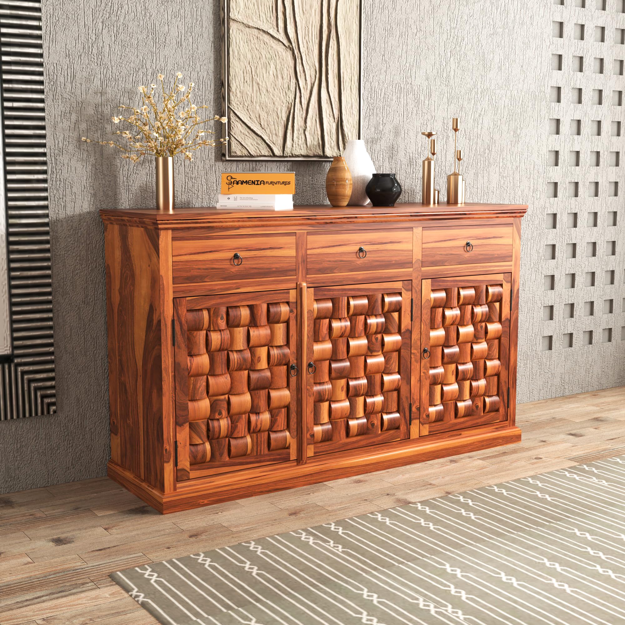 Mamta Furniturer Small Wooden Cabinet for Living Dining Drawing Bedroom & Office with 3 Drawer & 4 Rack - Solid Wood Sheesham Honey Finish Cabinet-image-27