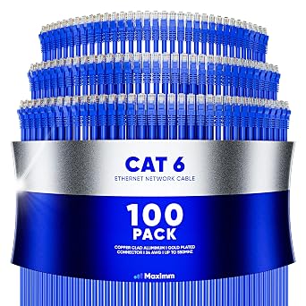 Maximm Cat6 Ethernet Cable 0.6Ft, 10Gbps 550MHz, RJ45, Blue, 100 Pack