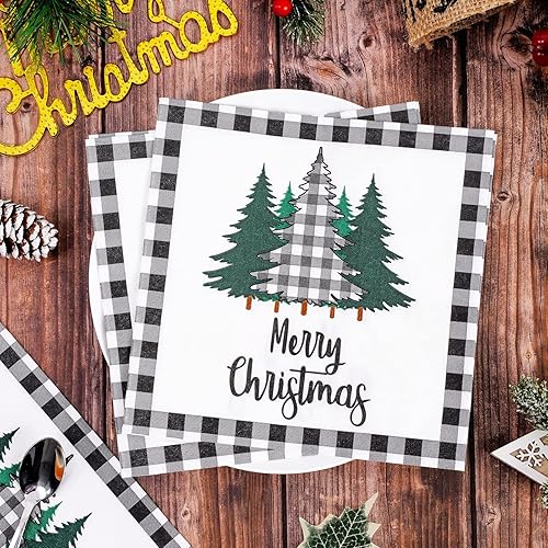 Miniatura 3 de Whaline Paquete de 80 servilletas de Navidad de papel con diseño de árbol de Navidad, diseño de búfalo blanco y negro, servilletas desechables de