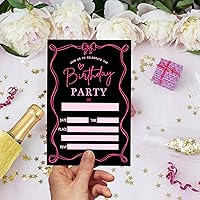 Vista 5 de ukebobo Invitación de cumpleaños retro con lazo rosa, invitación de fiesta de cumpleaños de 4 x 6, invitación de cumpleaños negra, 20 tarjetas