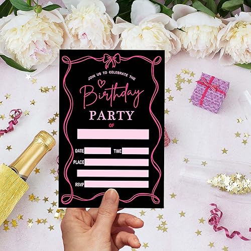Miniatura 5 de ukebobo Invitación de cumpleaños retro con lazo rosa, invitación de fiesta de cumpleaños de 4 x 6, invitación de cumpleaños negra, 20 tarjetas de