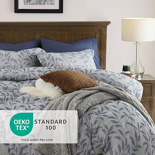 Miniatura 5 de MaiRêve Juego de edredón de jacquard azul de 7 piezas, juego de edredón azul grisáceo arrugado con hojas impresas para todas las estaciones, cama