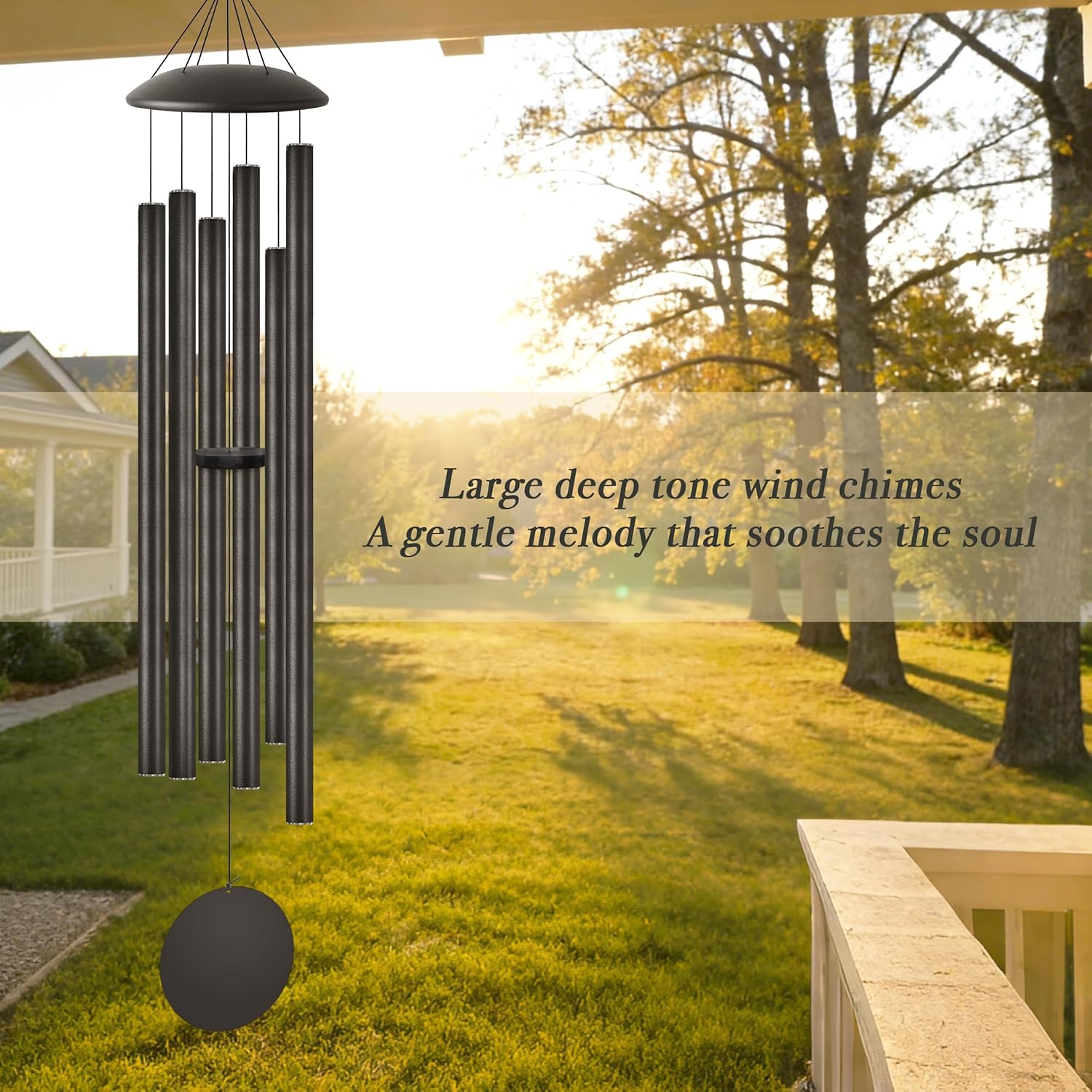45" Extra Large Wind Chimes with Outside Deep Tone, 6 Thick and Bold Aluminum Tubes, Coolest Metal Windchimes Outdoors with Pine Wood Striker, Unique Gift for Mom, Garden Decoration(Black)