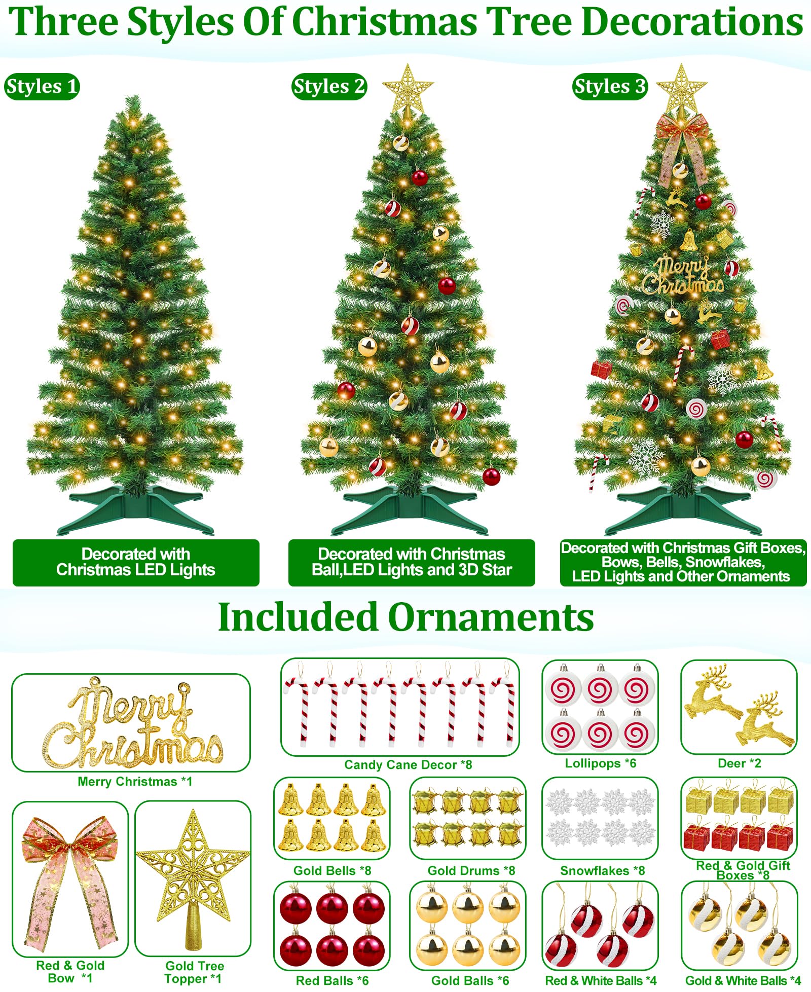 [71 ornements] Sapin de Noël artificiel de 1,2 m avec 100 étoiles blanches chaudes en 3D avec panneau « Merry Christmas » en forme de boule, nœud, cerf, flocon de neige, boîte cadeau, minuteur, arbre