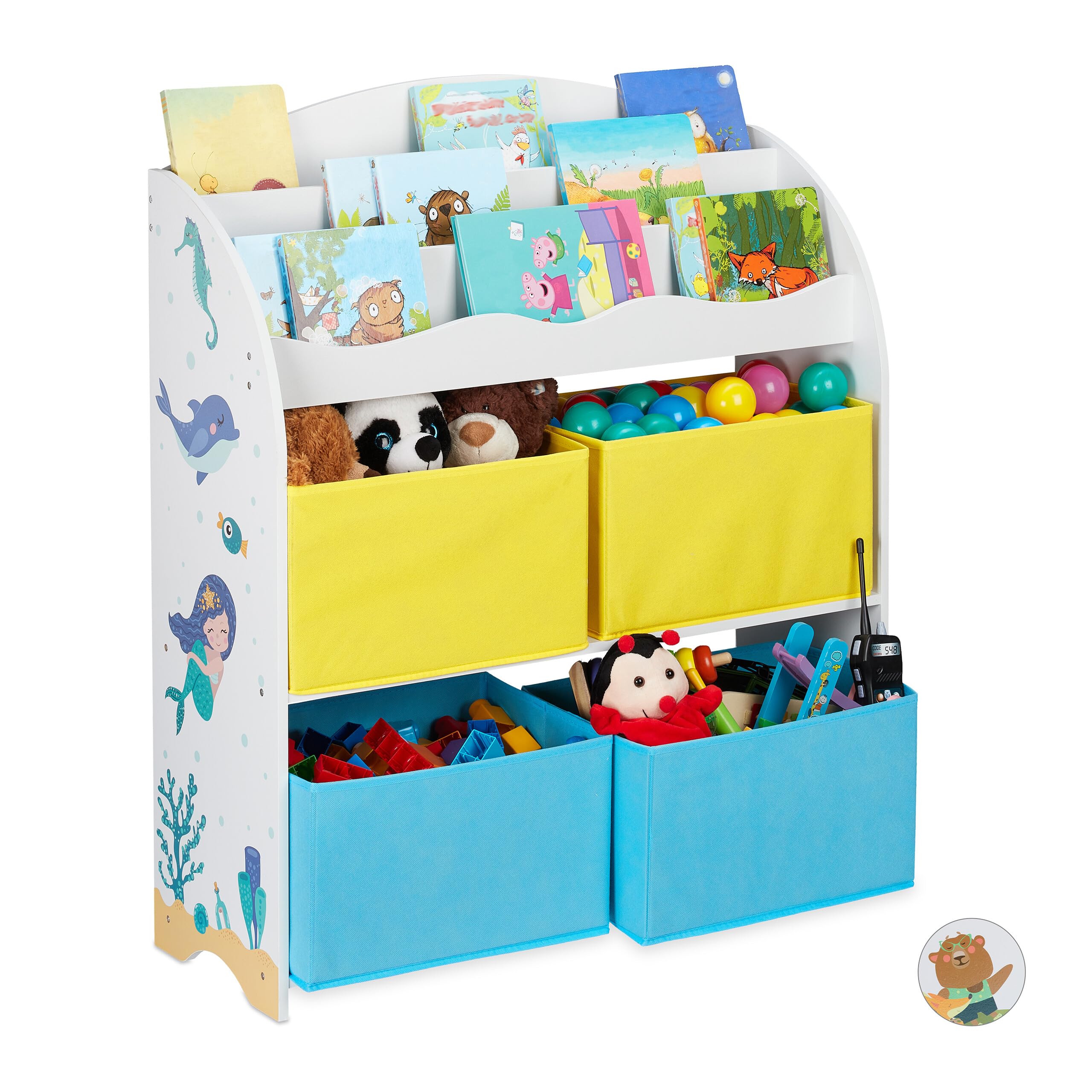 Relaxdays Estantería Infantil, 4 Cajas Tela, Mueble Juguetes, Librería Niños, 98 x 82,5 x 30 cm, Sirenas, Multicolor, Hierro