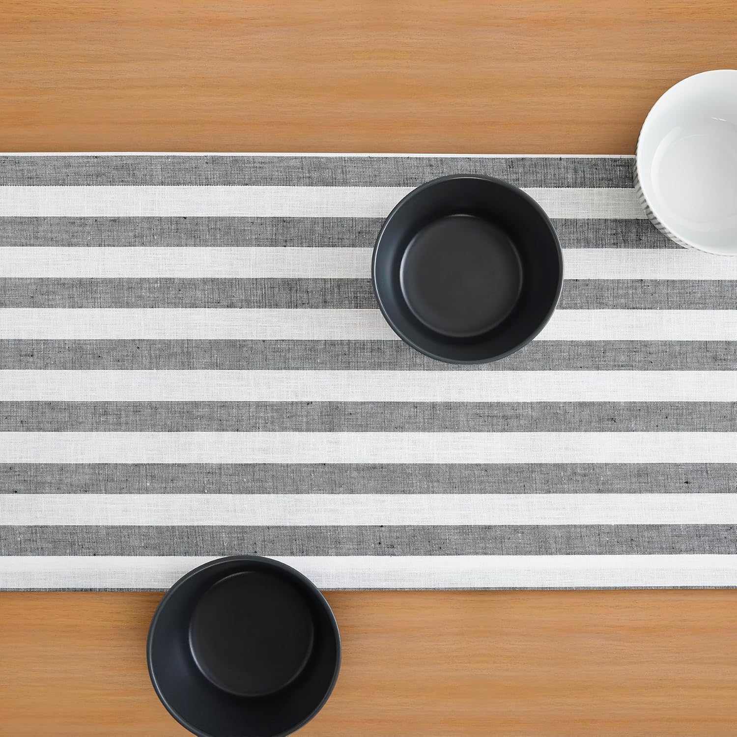 Solino Home Linen Striped Table Runner 120 Inches Long - Sorrento Stripe 100% Pure Linen Black and White Dining Table Runner 14 x 120 Inch for Mothers Day