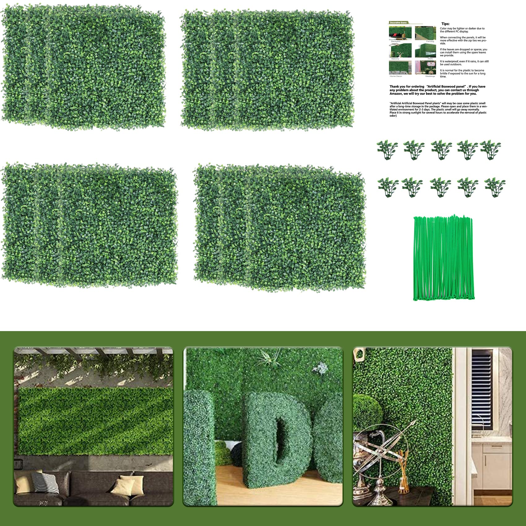 KASZOO Grass Wall 24 Pack 10"x10" Artificial Boxwood Hedge Wall Panels, Privacy Hedge Screen Faux Boxwood for Outdoor,Indoor,Garden,Fence,Backyard,Greenery Walls