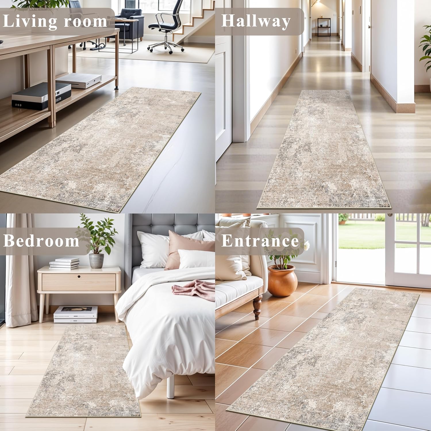 2x6ft Non-Slip Washable Kitchen Rug - Modern Carpet Runner for Hallway,Bedroom Bedside,Laundry Room,Entryway with Rubber Backing – Abstract Neutral Low-Pile Thin (Beige Grey,2x6)
