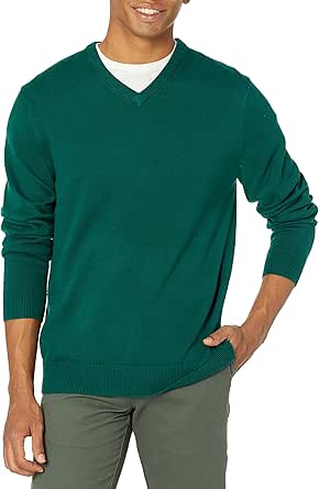Amazon Essentials Herren V-Ausschnitt Pullover aus Baumwolle, Normale Passform, Dark Green, XL