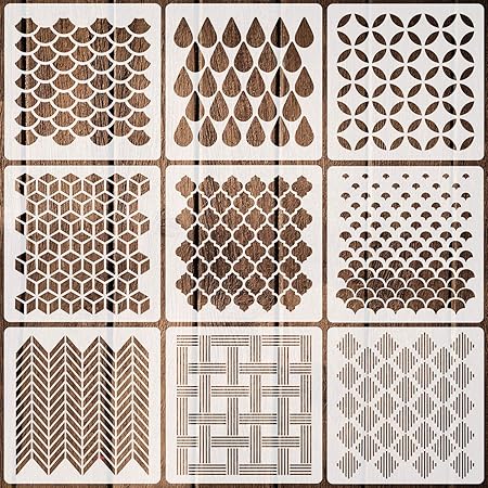 amazon com 9 pack geometric stencils 7 9 x 7 9 reusable art templates for painting on walls canvas wood furniture arts crafts sewing