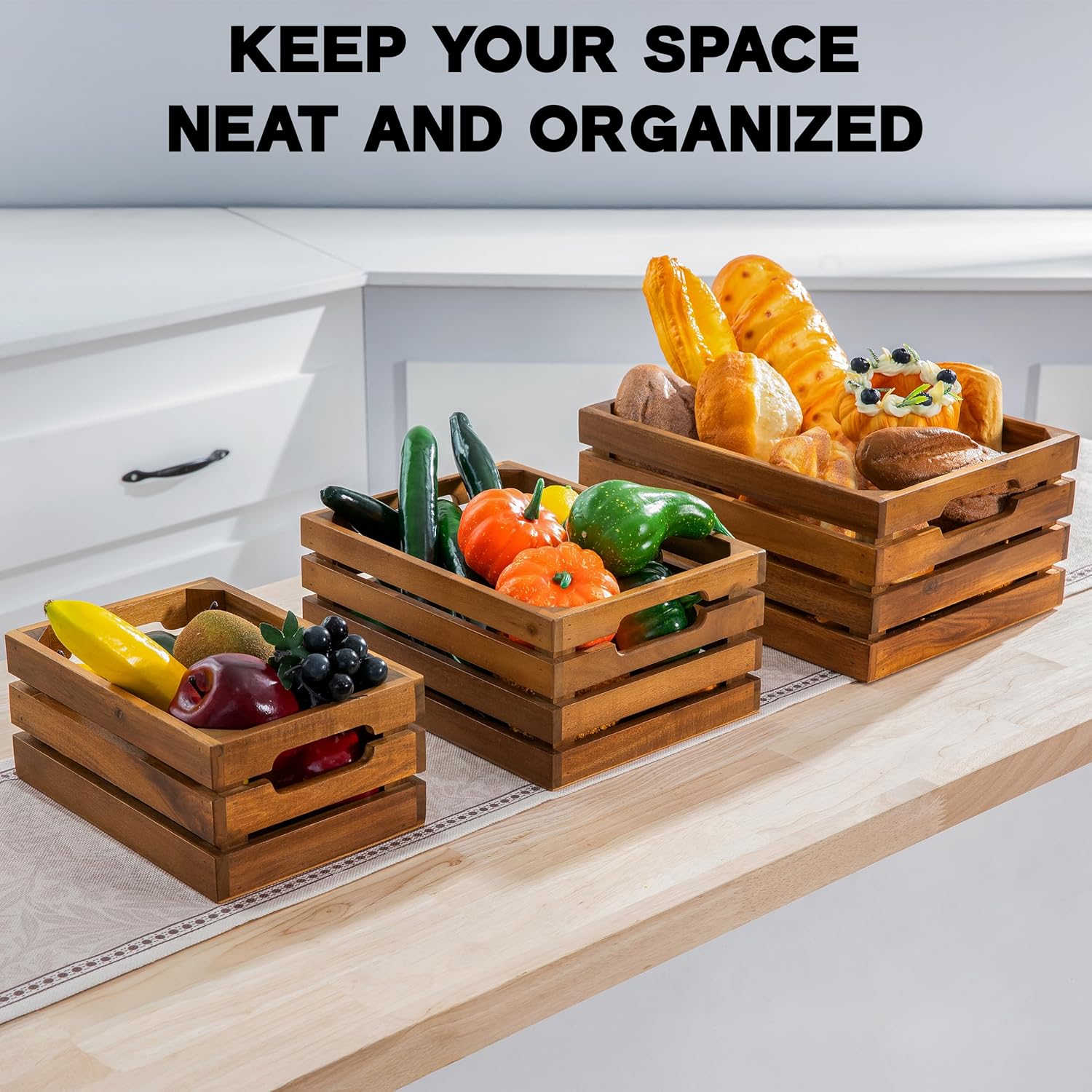 VICTORY RELAX Nesting Wood Storage Crates (Set of 3) - Natural Acacia Wood Stackable Wooden Boxes for Storage & Organization - Decorative Wooden Basket Set for Fruits, Shelving & Home Decor