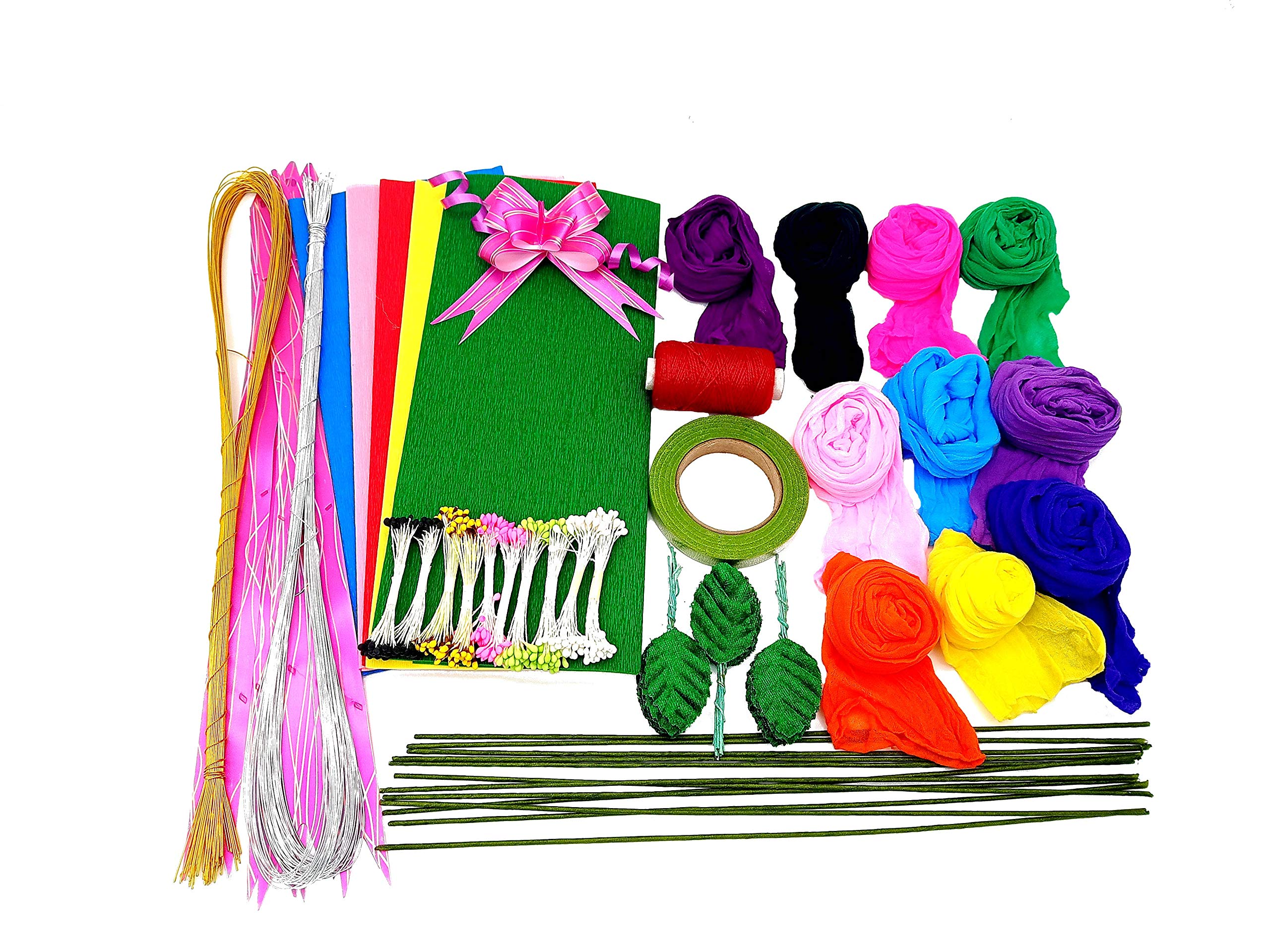 PRANSUNITA Complete Flower Making kit for Beginners - Includes Flower Making Stockings, Golden, Silver & Green Hard Wires, Duplex Crape Paper, Velvet Leaves, Pollens, Floral Tape, Pull Ribbon-image-28