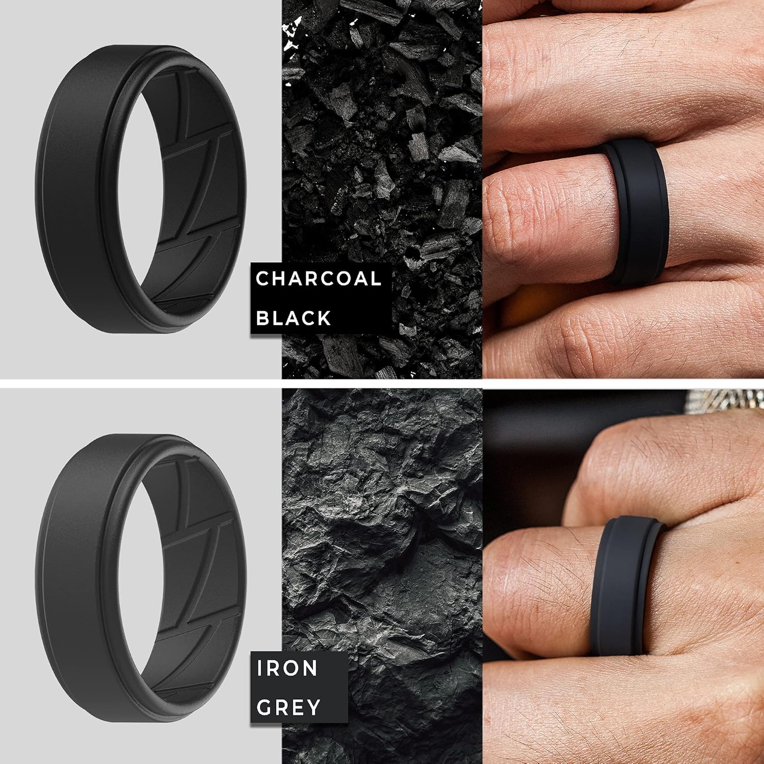 ThunderFit Silicone Wedding Rings for Men Breathable Airflow Inner Grooves - Step Edge Sleek Design Breathable Rubber Engagement Bands - 8mm wide - 2mm Thick | 