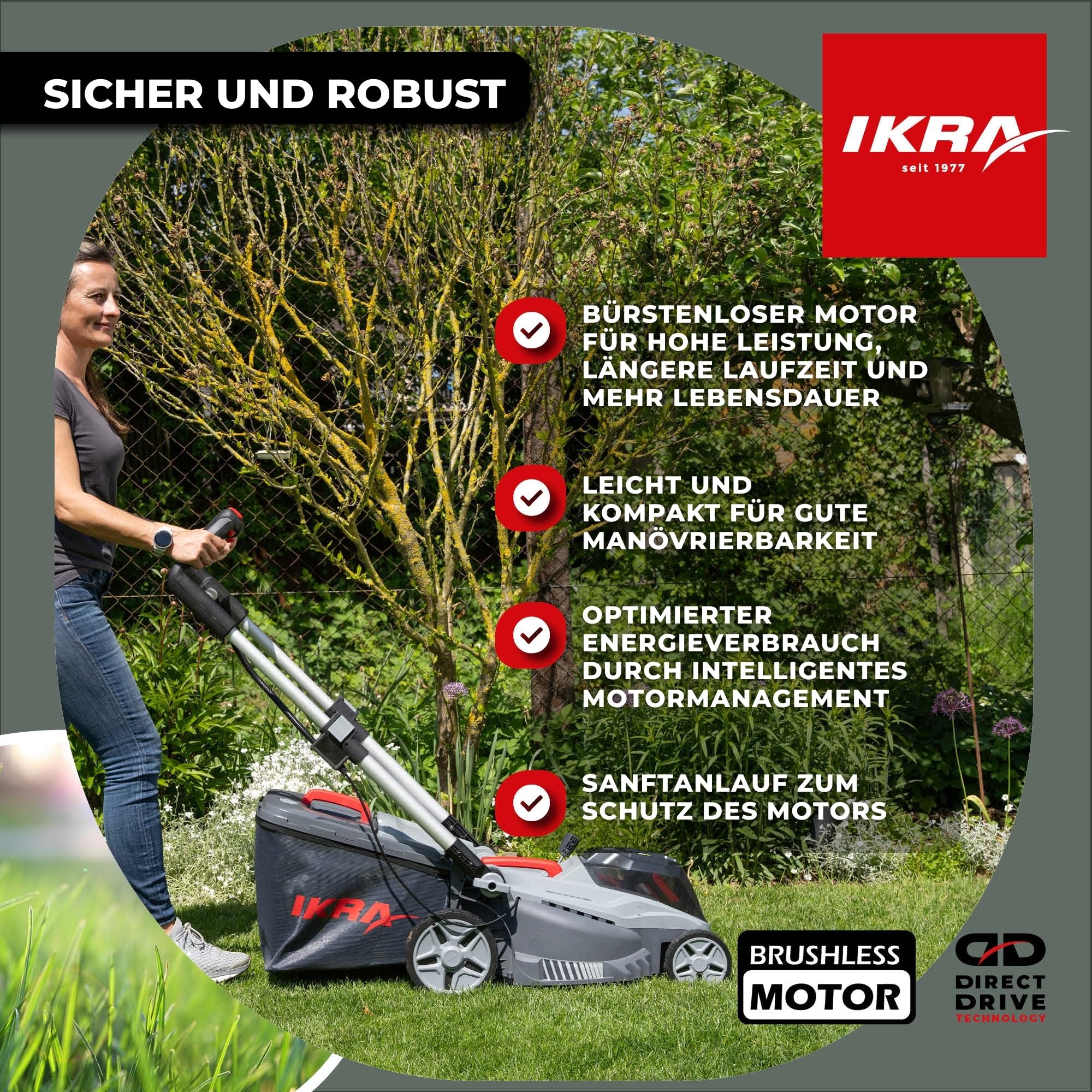 IKRA Rasenmäher IB-LM 38, 3in1, Breite 38cm, ohne 36V Akku & Ladegerät | Kompatibel mit Bosch, Rasenflächen bis 400m², Schnitthöhe 30-75mm, Fangkorb 42l, Batterieladeanzeige am Griff, inkl. Mulchkit