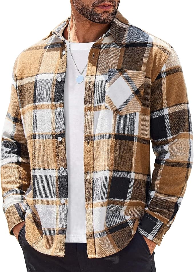 COOFANDY Mens Flannel Shirts Long Sleeve Lightweight Plaid Shirt Casual Button D