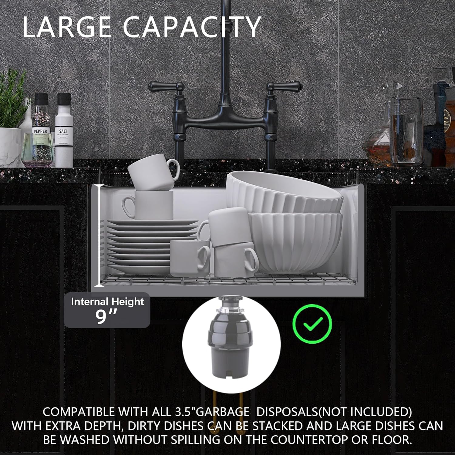 Image showing the large capacity of the Miuara farmhouse sink with dishes stacked inside and a garbage disposal unit for scale.