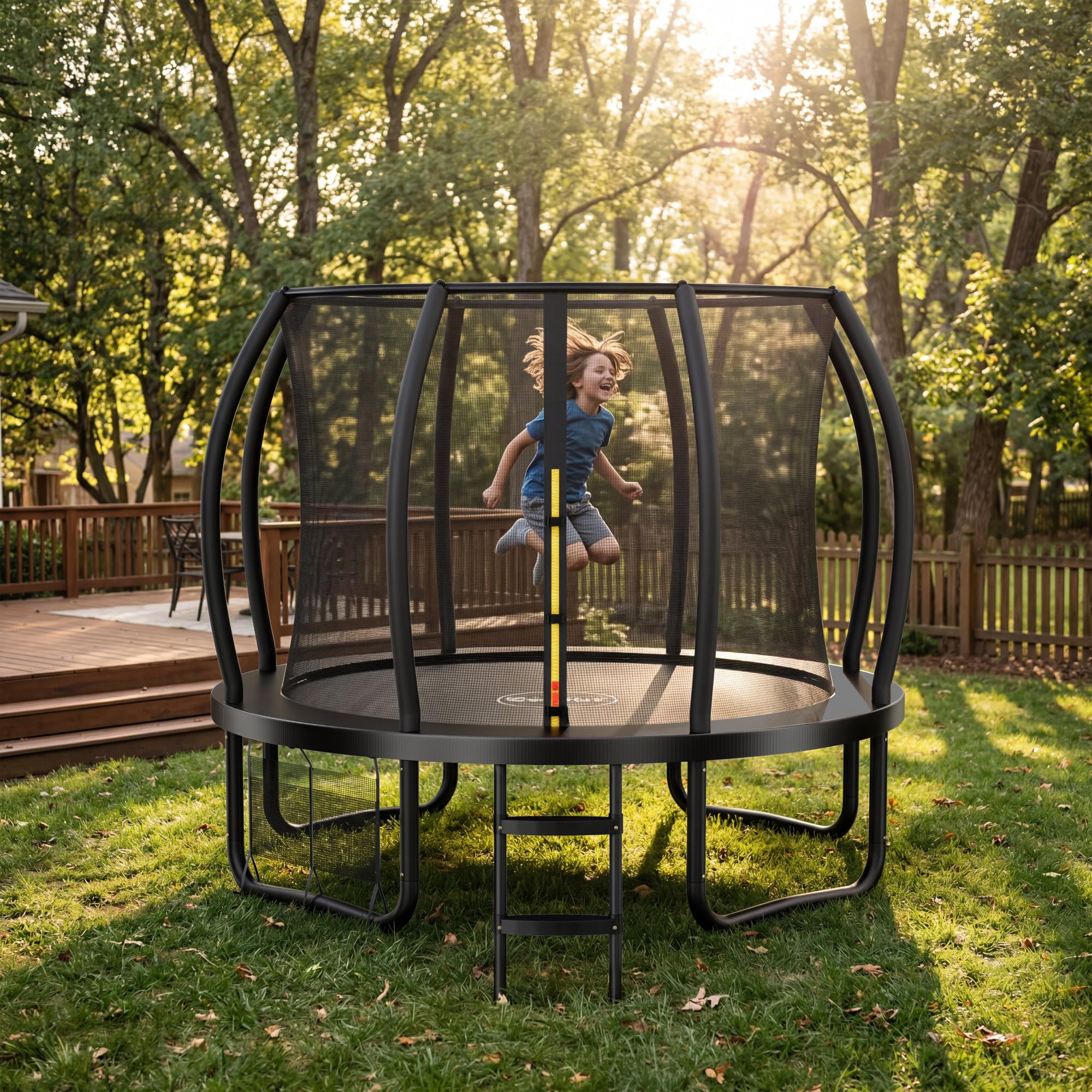Zelsius Trampolín negro para el exterior | Trampolín para exteriores, trampolín de jardín con red de seguridad, escalera y bolsa para zapatos | Trampolín para deporte y ocio