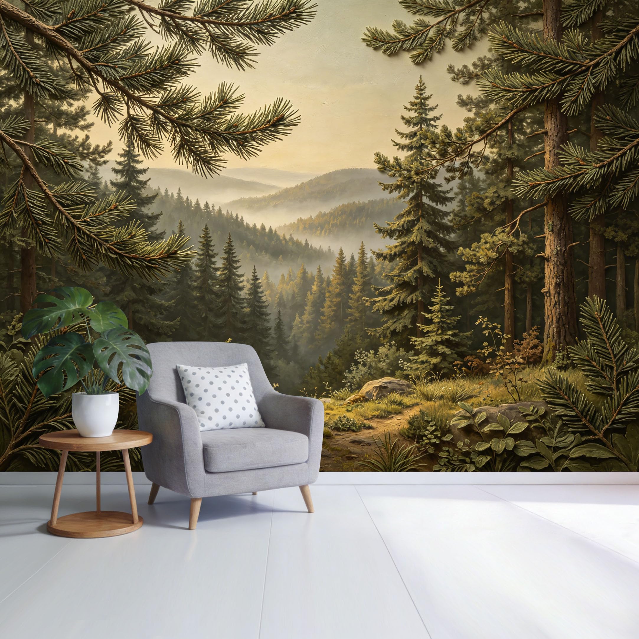 Custom Size Wall Mural Misty Pine Forest Landscape Mountain View Pathway Botanical Nature Scene SelfAdhesive Wall Fabric Removable Wallpaper for Home Office Decor