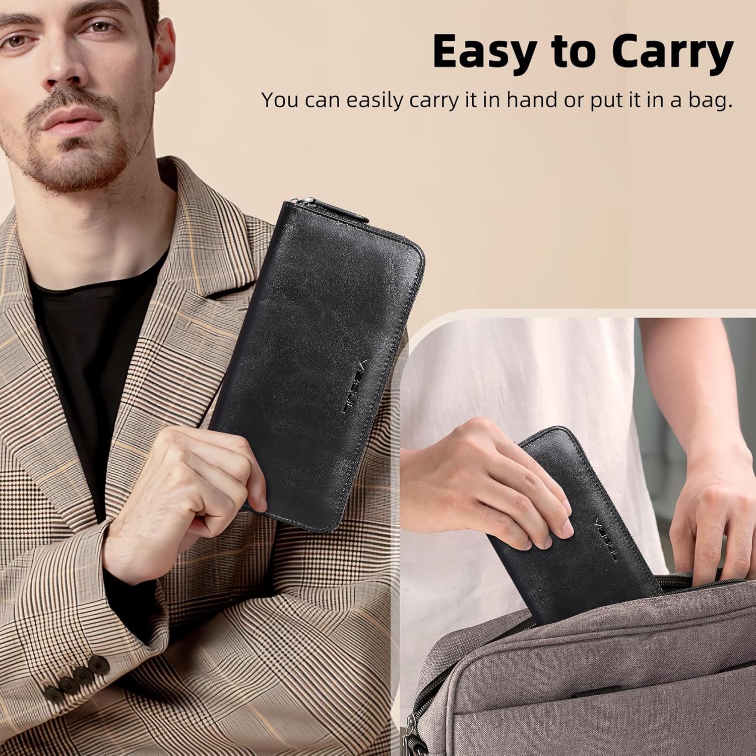 VISOUL Leather Long Zipper Pouch Wallet for Men and Women with RFID Blocking, Large Clutch Cash Long Wallet with Zipper (Black) - Image 6