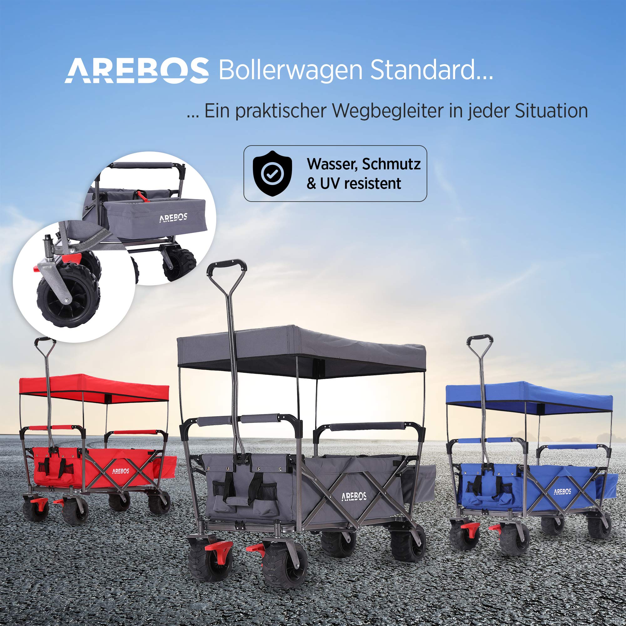 Arebos Bollerwagen faltbar mit Dach | Handwagen | Transportkarre Gerätewagen inkl. 2 Netztaschen und Einer Außentasche | Vorderrad-Bremse | klappbar | Vollgummi-Reifen | bis 100 kg Tragkraft | Grau