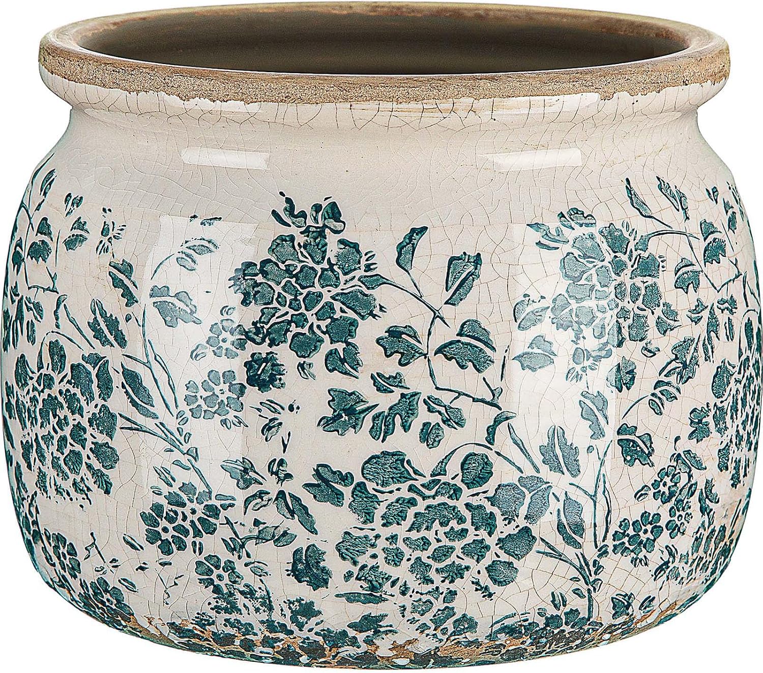 7.7" Large Ceramic Plant Pot Beige Green Vintage Peony Crackle Glaze Rustic Flowers Pot Decorative Planter with Drainage for Indoor Outdoor Plants Home Kitchen Office Decor Gift