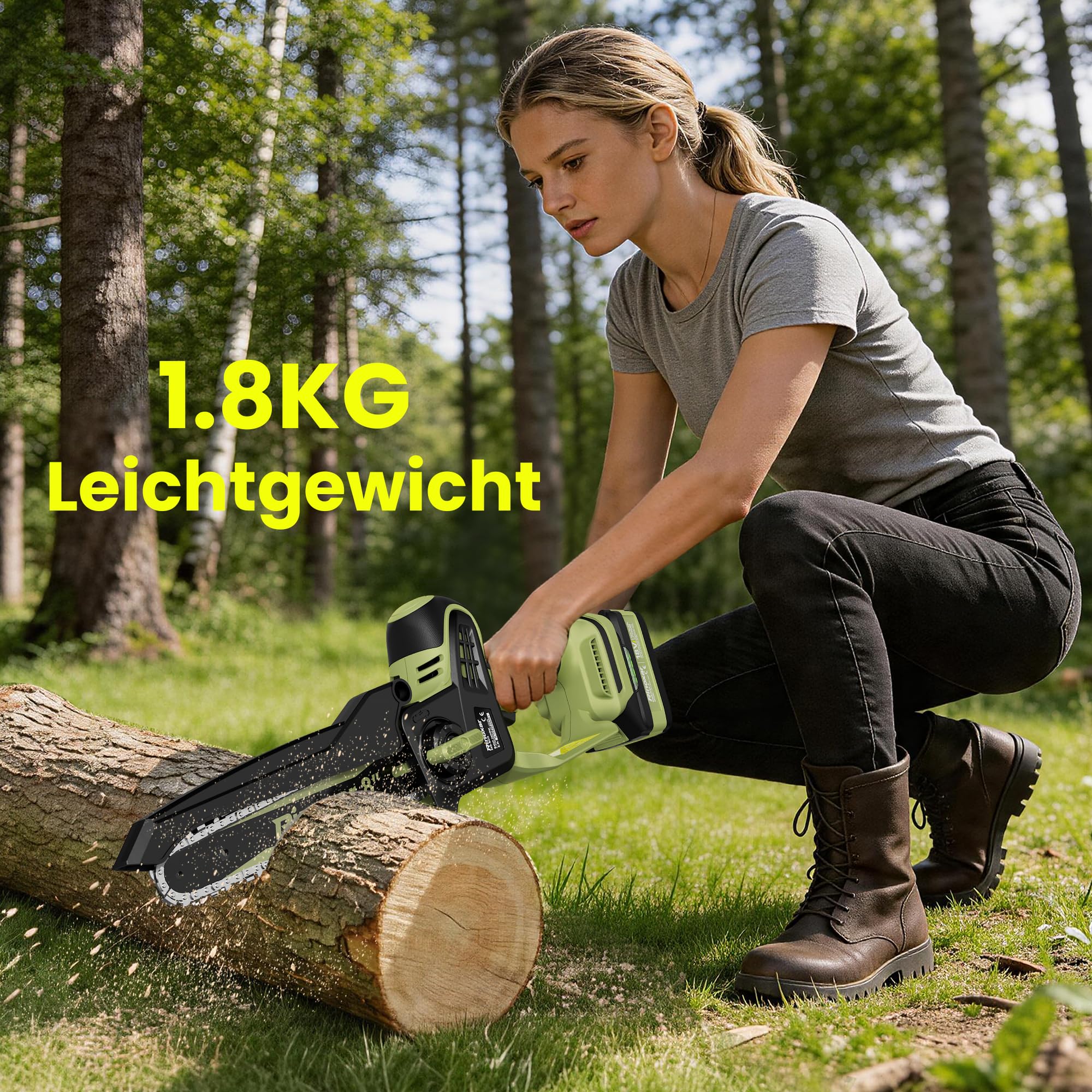Mini Akku Kettensäge 8 Zoll, Bürstenlos Handkettensäge mit 2 * 5200mAh Akkus, Einhand Astsäge mit Automatischer Öler, Ersatzkette, Werkzeuglose Kettenspannung, Elektrisch Säge für Gartenarbeit