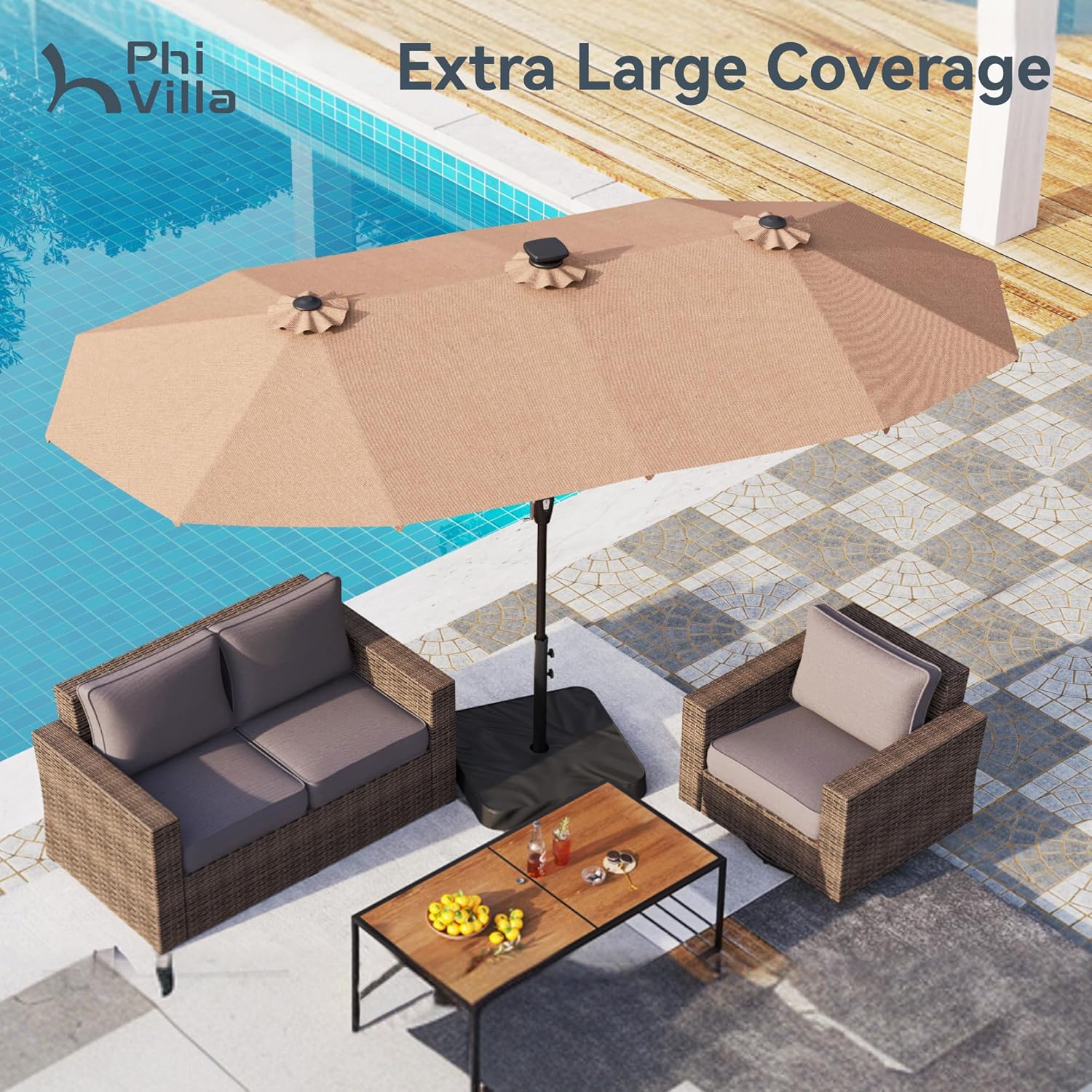 PHI VILLA 13ft Patio Umbrella with Solar-Powered 120 PCS LED Color-Changing Lights, Triple-Head Large Rectangle Umbrella Outdoor Patio for Table with Crank Lift,Beige(No Base)