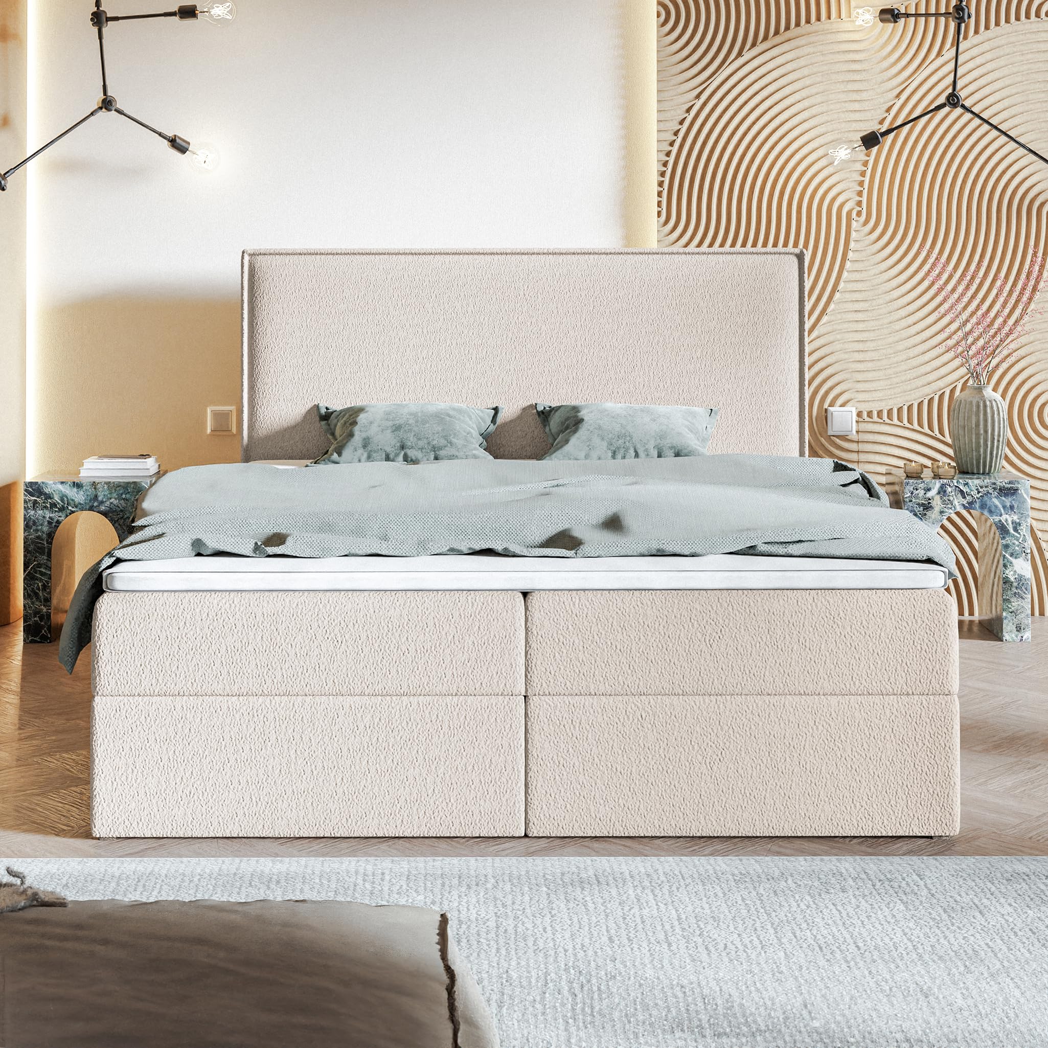 MOTIVENA Bari Boxspringbett 180x200 Beige Boucle, mit Taschenfederkern-Matratze (H3), mit Visco Memory-Foam Topper (H2), Boxspringbett 180x200 mit Bettkasten Beige
