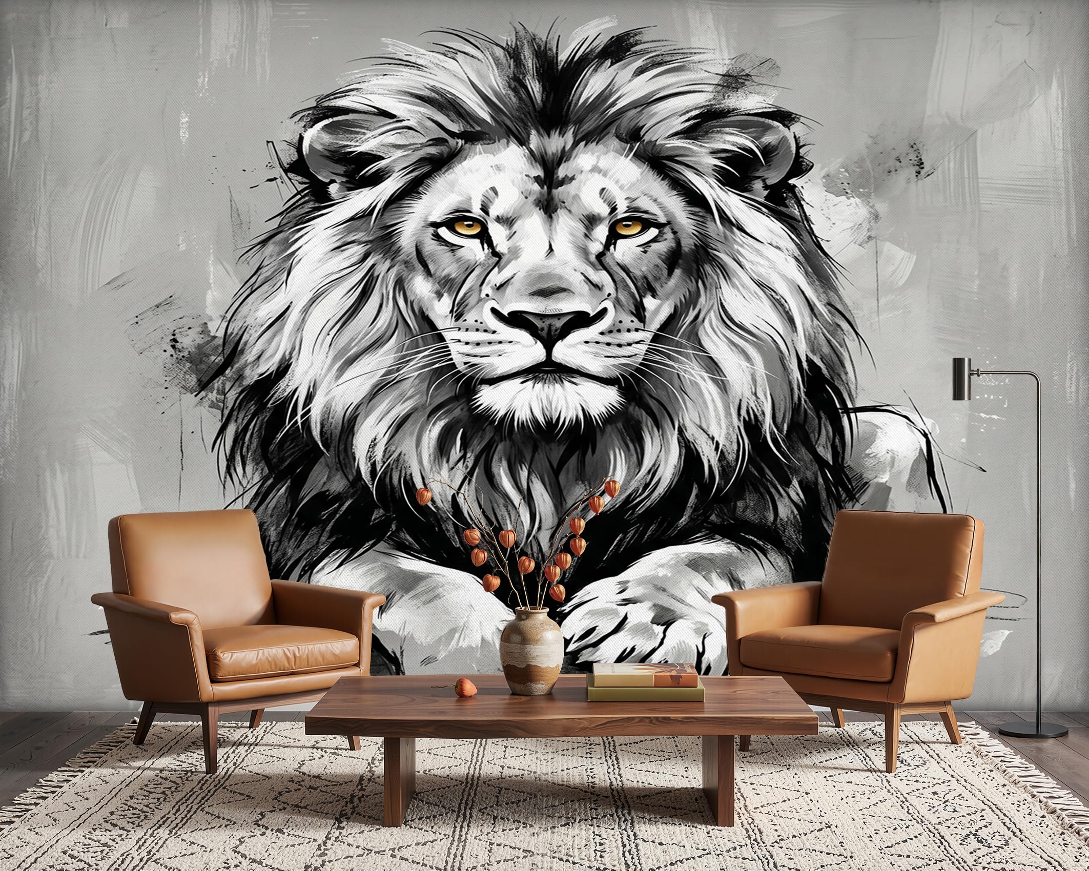PaxGloz Grey and White Lion Wall Mural, Monochrome Animal Wallpaper for Living Room & Bedroom Kids Playroom, Non-Woven Decorative Wall Art 416x254 cm