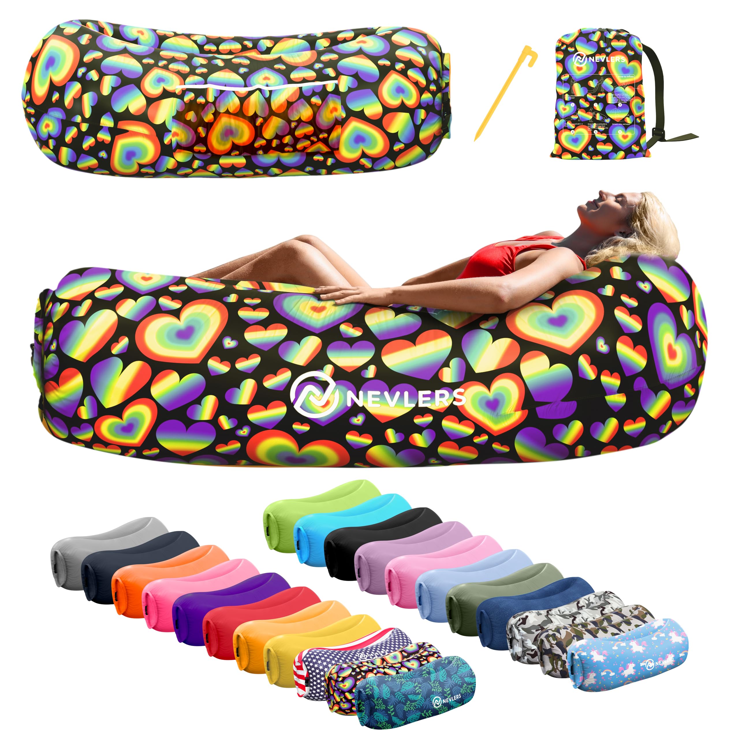 Nevlers Inflatable Lounger Air Sofa - Portable Inflatable Couch for Camping , Outdoor Movie Seating | Easy to Use Air Couch Inflatable Chair Camping Accessories - Rainbow Hearts Design Inflatable Sofa-picture-15