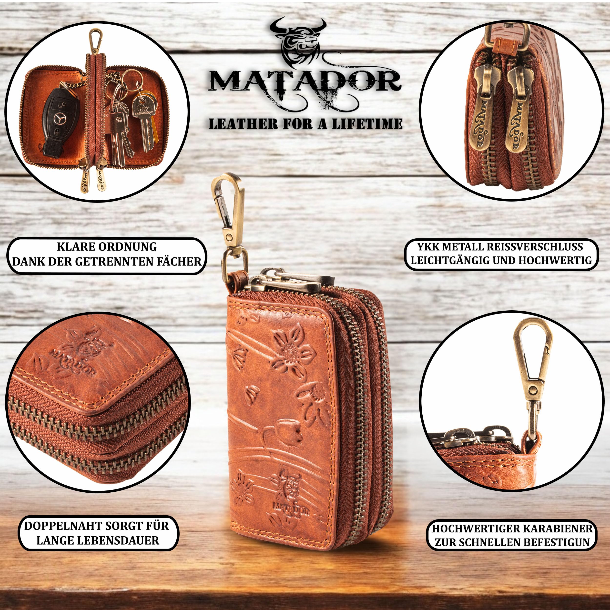 MATADOR Sac pour Clef - Etui à Clé en Cuir Véritable | Porte Clés avec Double Femeture Éclair en Métal et Mousqueton | Mini Pochette Rangement Clef Protection Organiseur avec Boîte Cadeau elegant