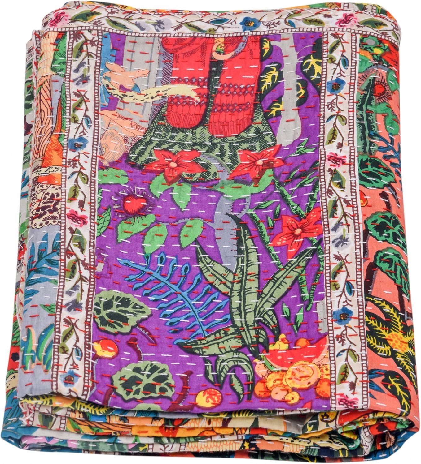Indian Traditional Pure Cotton Patchwork Kantha Quilt,Traditional Handmade Bedding Vintage Multi Color (Multi-02, Queen (90"x 108"))