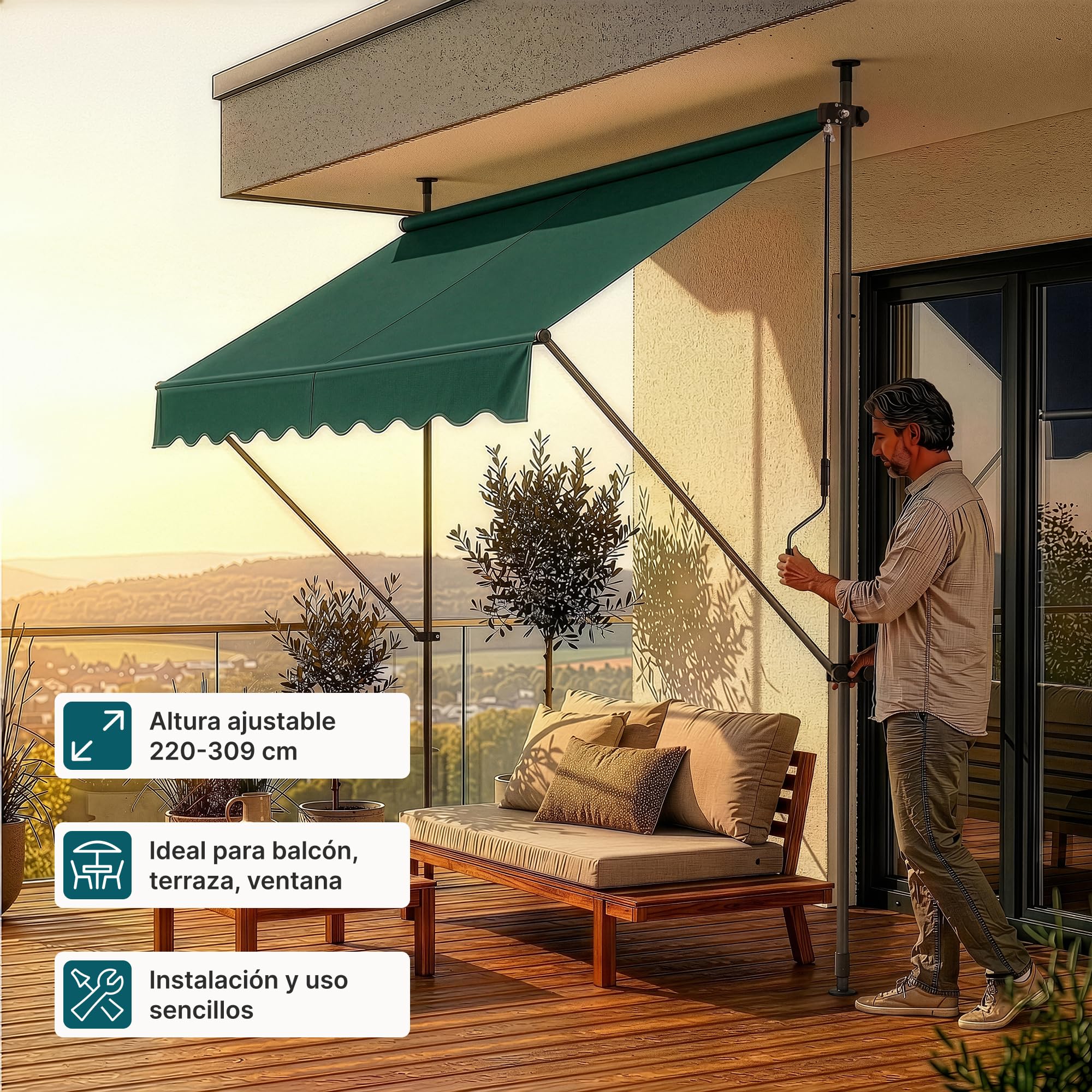 pro.tec Toldo Retráctil Stem Toldos Exterior Terraza Balcón Ajustable en Altura Manual Resistente Protector de Sol Sin Taladrar Acero/Poliéster 150 x 120 x 220-309 cm - Verde Oscuro