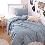 Wake In Cloud - Striped Cotton Duvet Cover Set, Ticking Stripe Pinstripe Farmhouse, 100% Washed Cotton Textured Bedding Set, 3 Pieces, Denim Blue, Full Size