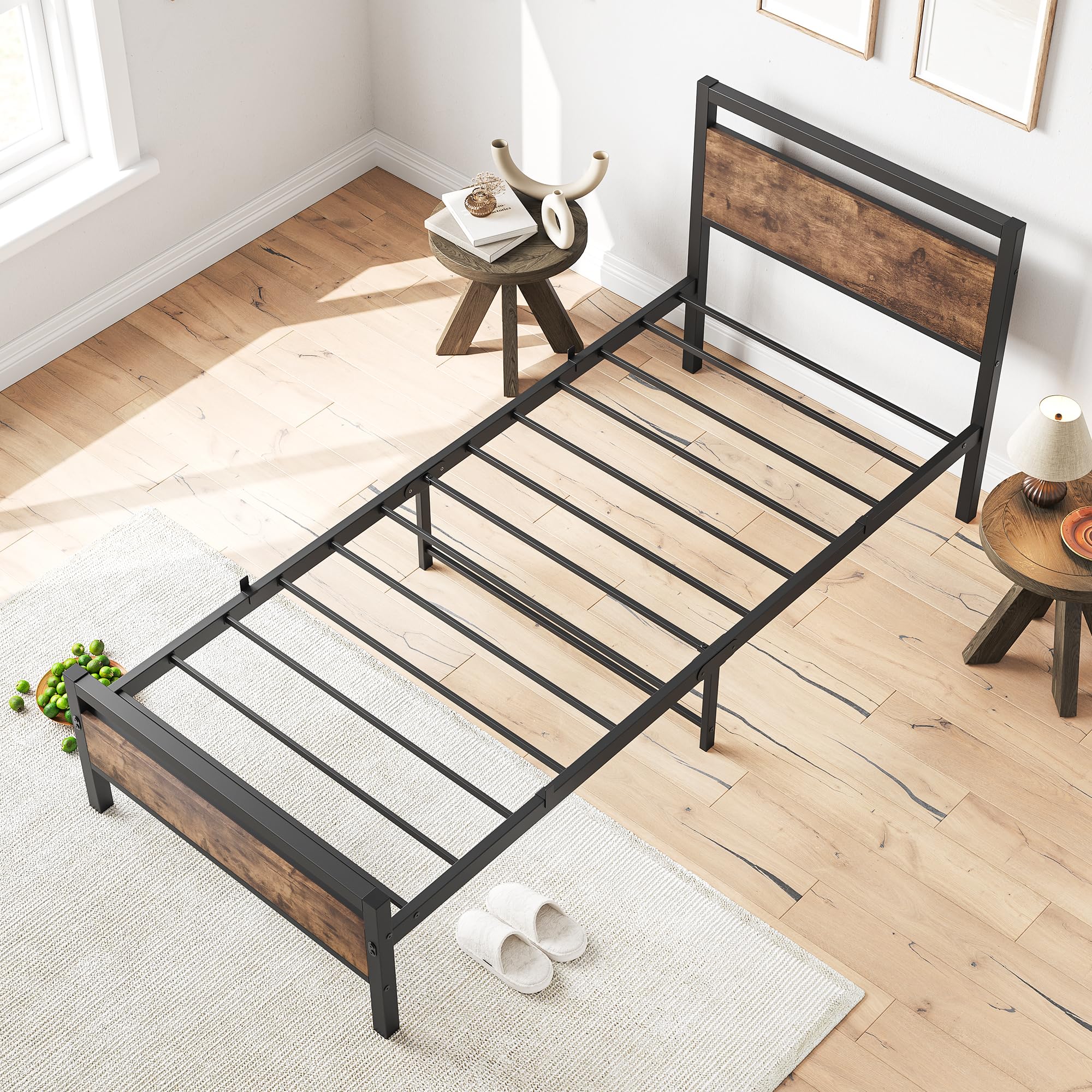 Bett 90x200 Bettrahmen aus Metall Holz Metallbett Einzelbetten Bettgestell Jugendbett 90x200 mit Lattenrost,Metall Bed Frame Braun und Schwarz
