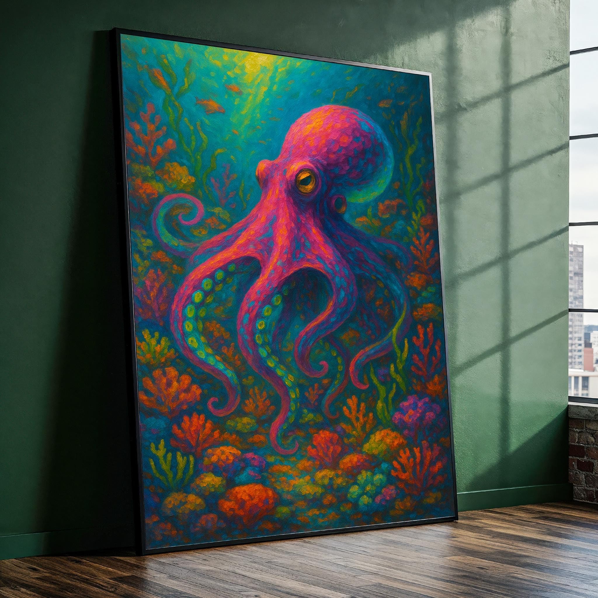 XBTYKPB Colorful Octopus Underwater Art Canvas–Sea Creature Swimming Through Coral Reef for Fun,Ocean Wall Decor Canvas Painting(30x40cm/Frameless)