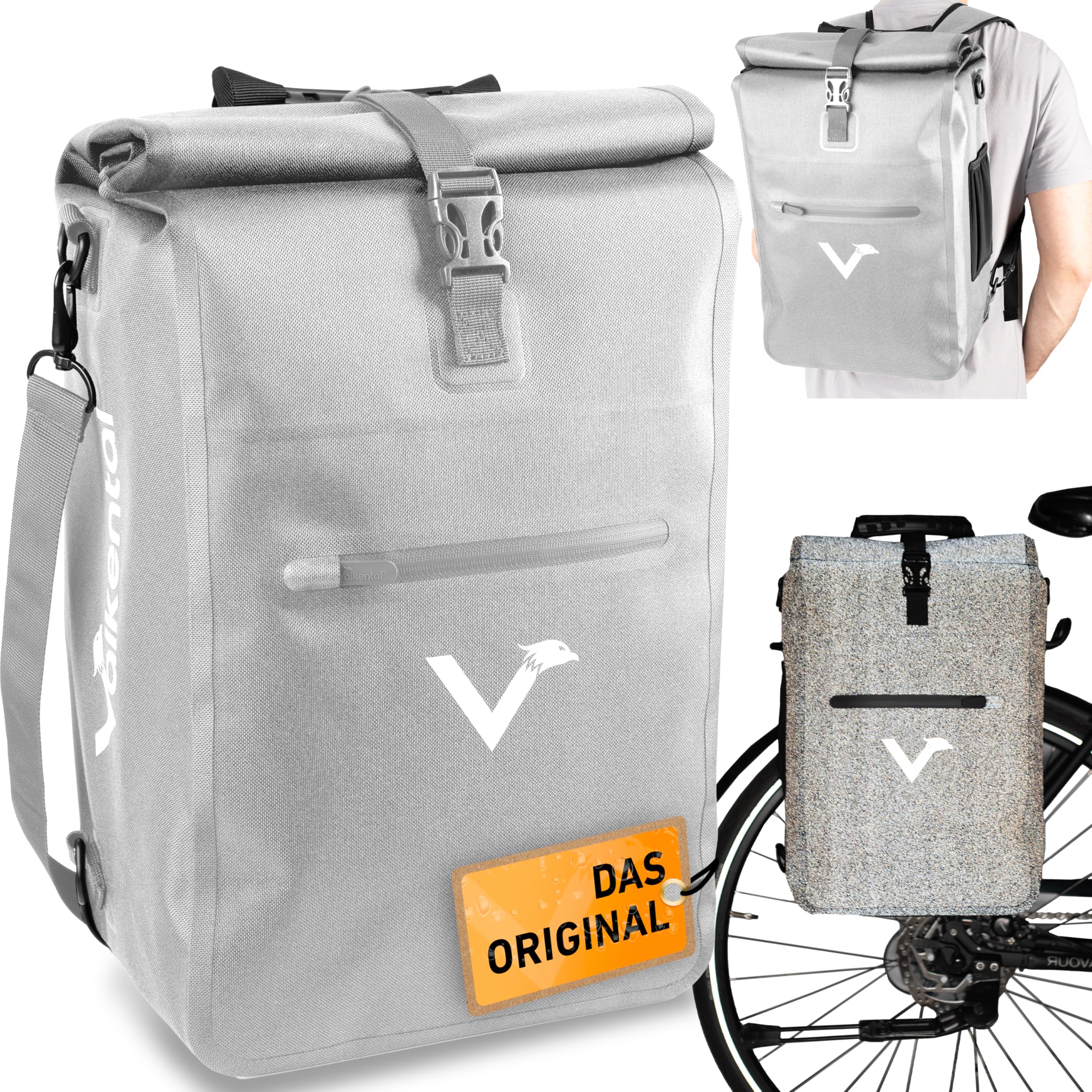 Valkental® 3in1 Fahrradtasche [Bis 25L] - Das Original - Geeignet als Gepäckträgertasche, Rucksack und Umhängetasche - 100% Wasserdicht & Reflektierend - Sichere Befestigung [Abschließbar] Laptopfach