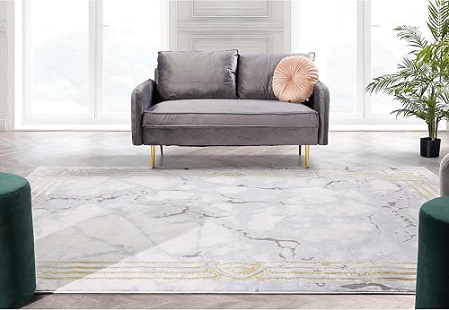 Miniatura 6 de Well Woven Fairmont Collection Huntington - Alfombra elegante y suave con borde de mármol gris dorado y marfil, de 9 x 13 pulgadas, perfecta para