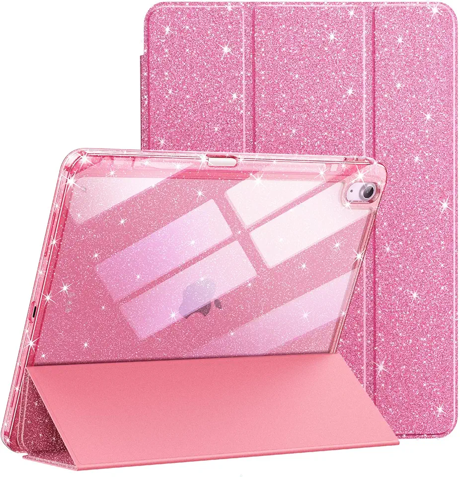 JETech Capa Glitter para iPad Air 11 Polegadas M3/M2 (2025/2024), iPad Air 5/4 (2022/2020) com Porta-Pencil, Case Fofa para Crianças e Meninas, Concha Traseira Claro e Brilhante (Rosa)